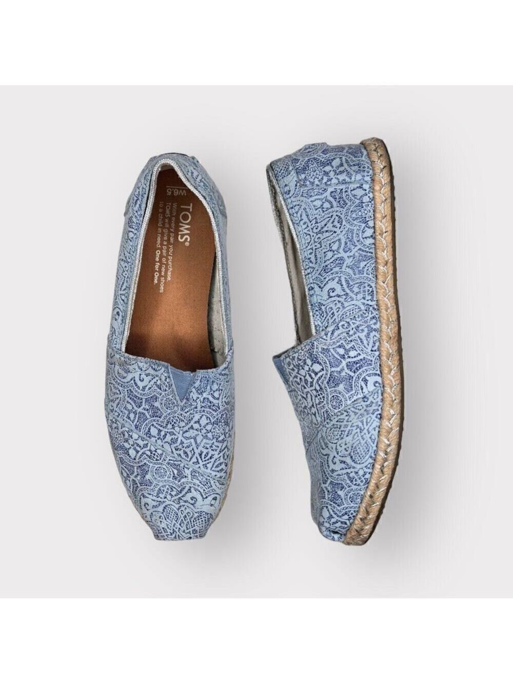 Toms Womens 6.5 Espadrille Loafers Floral Lace Summer Shoes Blue Feminine Boho